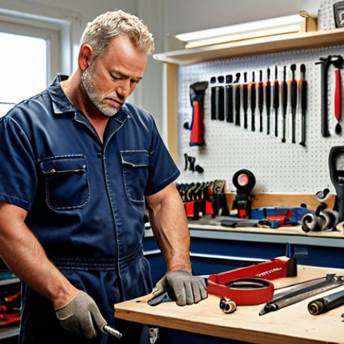 Home 7 **Prompt:** A skilled mechanic stands in a well-organized, brightly lit professional workshop, contemplating a selection of various high-quality air tools laid out on a workbench. Emphasize precision, durability, and the tools' modern design. A sense of decision-making and expertise. Natural light streaming in.