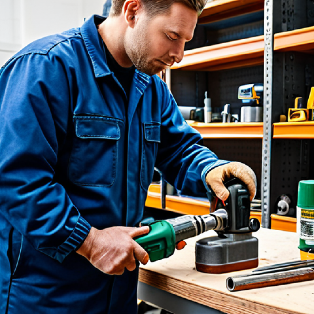 A skilled workshop technician, fully clothed in a modest, professional work uniform, meticulously applying pneumatic tool oil to an air impact wrench. The technician's perfect anatomy, correct proportions, and well-formed hands are visible in a natural pose, demonstrating precise and careful tool maintenance. The background features a clean, well-lit professional workshop with various tools neatly arranged on shelves. This image embodies professional photography with high resolution and sharp focus, ensuring safe for work and appropriate content, suitable for a family-friendly environment.
