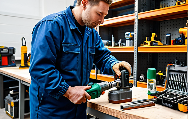 A skilled workshop technician, fully clothed in a modest, professional work uniform, meticulously applying pneumatic tool oil to an air impact wrench. The technician's perfect anatomy, correct proportions, and well-formed hands are visible in a natural pose, demonstrating precise and careful tool maintenance. The background features a clean, well-lit professional workshop with various tools neatly arranged on shelves. This image embodies professional photography with high resolution and sharp focus, ensuring safe for work and appropriate content, suitable for a family-friendly environment.