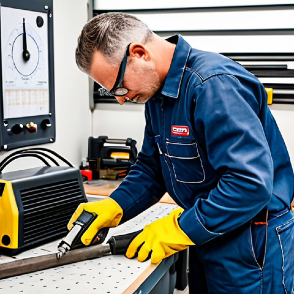 A professional workshop technician, an adult male, wearing a modest work shirt, durable work pants, and safety glasses, is meticulously adjusting the pressure gauge on a modern air compressor. He is also wearing work gloves. In the background, various air tools like a nail gun and a spray gun are neatly organized on a workbench. The workshop is well-lit and organized, emphasizing safety and precision. The overall scene conveys expertise and attention to detail in tool maintenance. fully clothed, appropriate attire, modest clothing, safe for work, appropriate content, perfect anatomy, correct proportions, natural pose, well-formed hands, proper finger count, natural body proportions, professional photography, high quality.