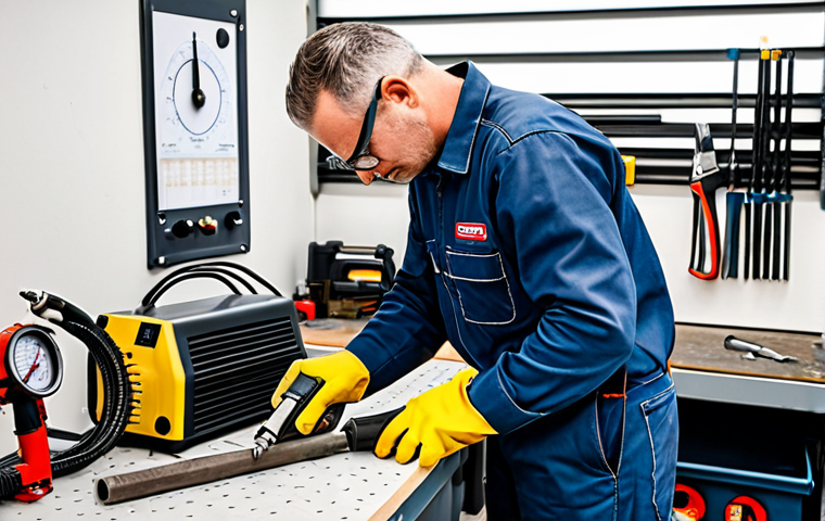 A professional workshop technician, an adult male, wearing a modest work shirt, durable work pants, and safety glasses, is meticulously adjusting the pressure gauge on a modern air compressor. He is also wearing work gloves. In the background, various air tools like a nail gun and a spray gun are neatly organized on a workbench. The workshop is well-lit and organized, emphasizing safety and precision. The overall scene conveys expertise and attention to detail in tool maintenance. fully clothed, appropriate attire, modest clothing, safe for work, appropriate content, perfect anatomy, correct proportions, natural pose, well-formed hands, proper finger count, natural body proportions, professional photography, high quality.