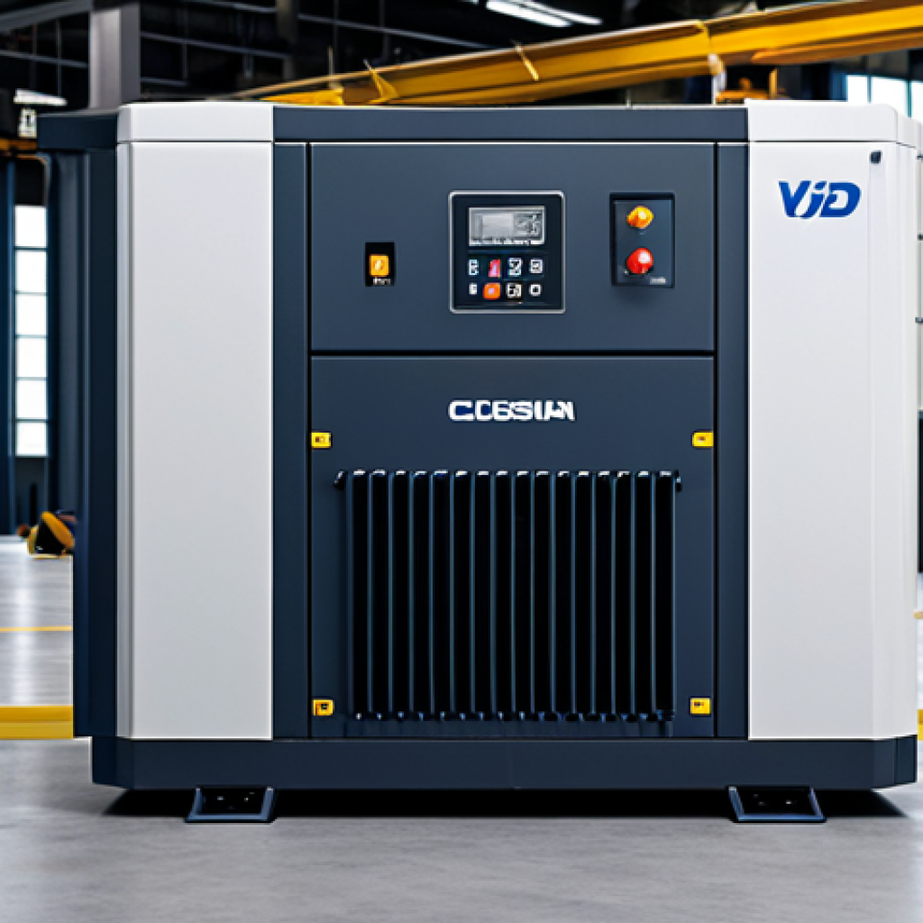 A powerful, modern industrial air compressor, featuring a Variable Speed Drive (VSD) system, standing prominently in a spacious, impeccably clean, and well-ventilated factory setting. The environment showcases optimal operational conditions with proper lighting and clear pathways. The compressor is depicted as a symbol of energy efficiency and professional engineering. The overall image emphasizes cutting-edge industrial technology and a streamlined workspace, fully clothed, appropriate attire, safe for work, perfect anatomy, natural proportions, professional photography, high quality, modest, family-friendly content.