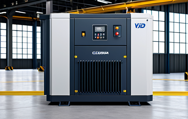 A powerful, modern industrial air compressor, featuring a Variable Speed Drive (VSD) system, standing prominently in a spacious, impeccably clean, and well-ventilated factory setting. The environment showcases optimal operational conditions with proper lighting and clear pathways. The compressor is depicted as a symbol of energy efficiency and professional engineering. The overall image emphasizes cutting-edge industrial technology and a streamlined workspace, fully clothed, appropriate attire, safe for work, perfect anatomy, natural proportions, professional photography, high quality, modest, family-friendly content.