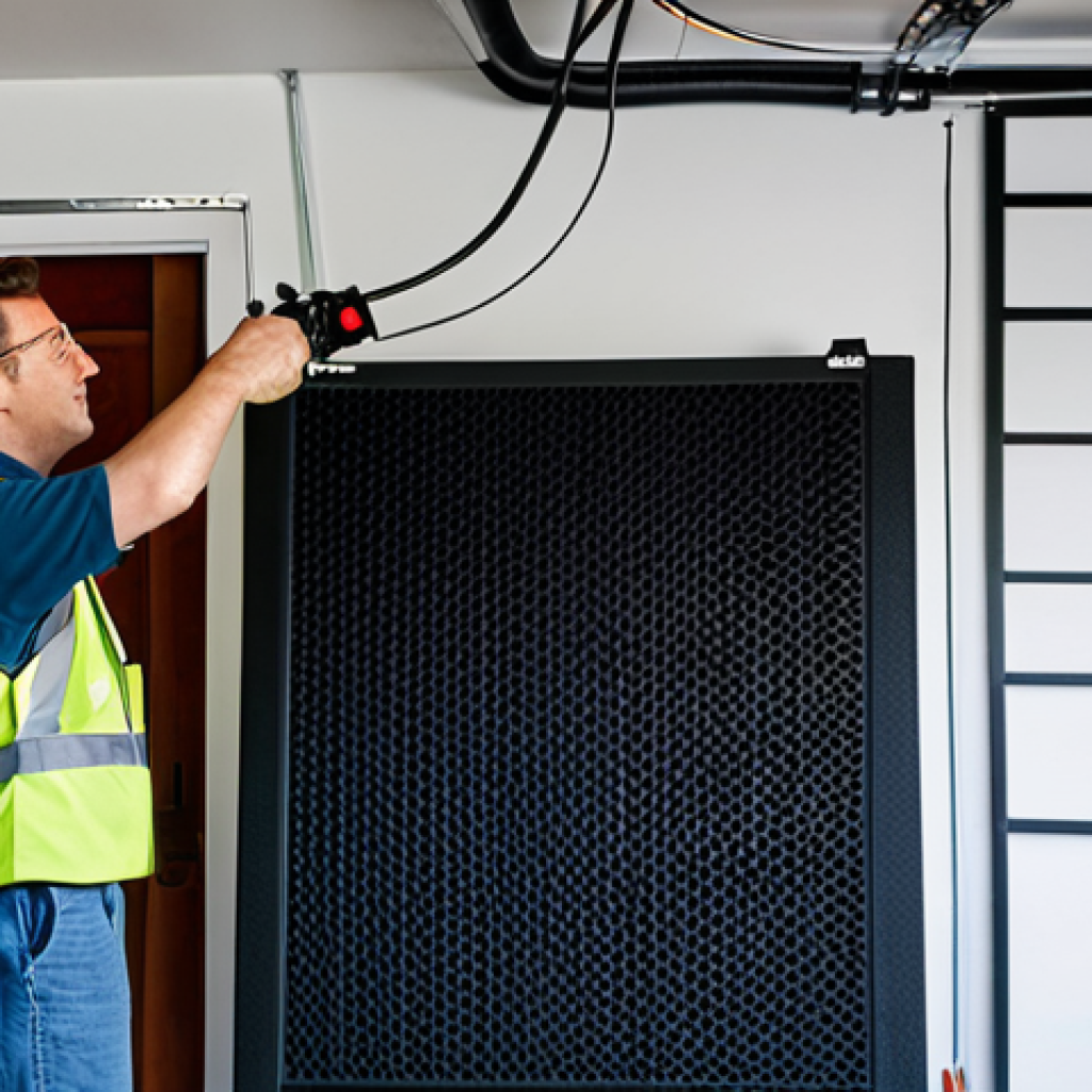 Sound Dampening**
"A homeowner installing acoustic panels around a small air compressor in a garage, fully clothed, appropriate attire, safe for work, demonstrating noise reduction techniques, well-lit, professional photography, clear focus on the acoustic panels, modest."
**