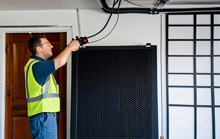 Sound Dampening**
"A homeowner installing acoustic panels around a small air compressor in a garage, fully clothed, appropriate attire, safe for work, demonstrating noise reduction techniques, well-lit, professional photography, clear focus on the acoustic panels, modest."
**