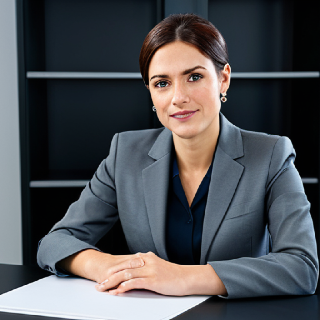 공업사에서 많이 쓰는 에어공구 - "A professional businesswoman in a modest business suit, sitting at a desk in a modern office, fully...