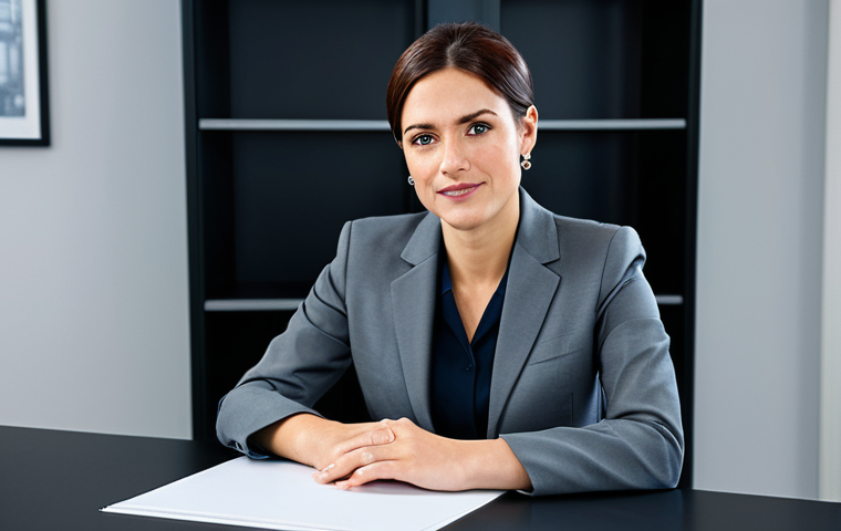 공업사에서 많이 쓰는 에어공구 - "A professional businesswoman in a modest business suit, sitting at a desk in a modern office, fully...