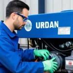 에어공구 관련 법규 및 규격 - **Prompt:** A professional and well-lit industrial workshop setting. A male technician in his late 2...