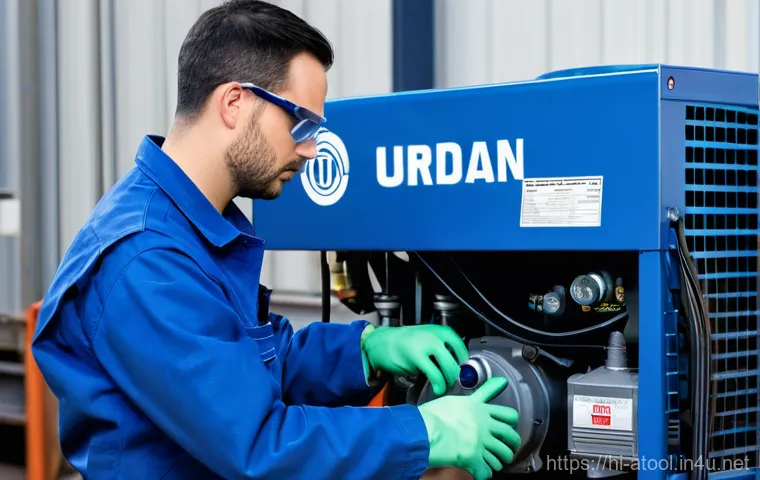 에어공구 관련 법규 및 규격 - **Prompt:** A professional and well-lit industrial workshop setting. A male technician in his late 2...