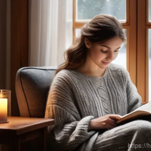 Home 14 에어 공구 장단점 분석 - A cozy, warm-toned illustration of a young woman aged in her early twenties, with long, wavy brown h...